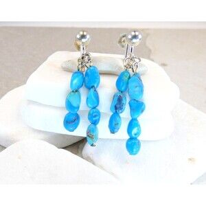 VTG Natural Turquoise Nugget Bead Dangle Earrings Sterling Screw Back Southwest